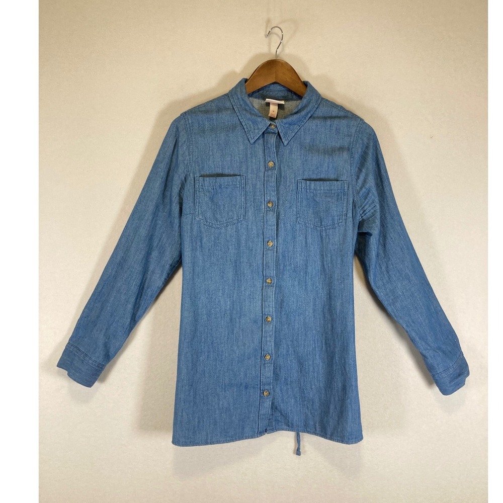 Coastal Isabel Maternity Women Med Blue Cotton Linen Button Down Back Tie Shirt